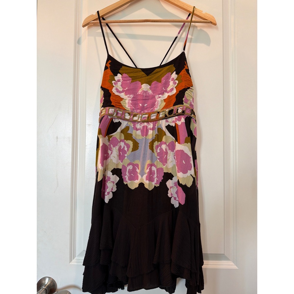 Intimately Free People Floral Slip Dress Embroidered Cutout Ruffle Hem Medium